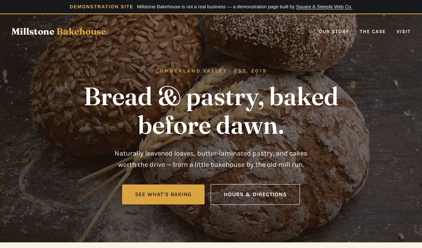 The rebuilt Millstone Bakehouse site: a full-width photograph of bread under the headline
