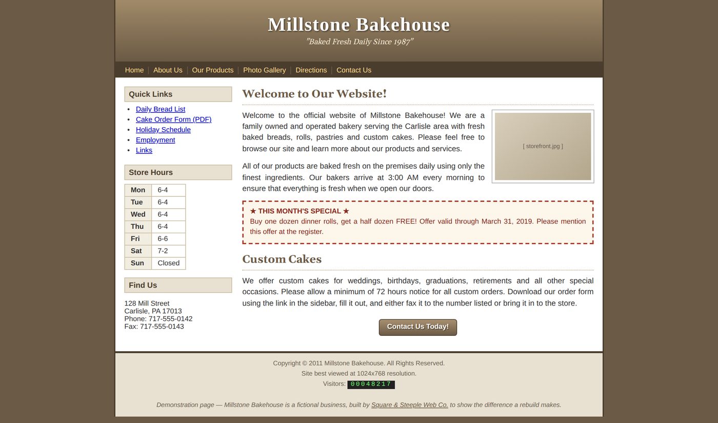 The 2011 version of the Millstone Bakehouse site: a fixed-width page with a sidebar of store hours