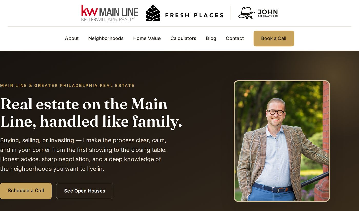 The johntherealtydon.com home page: a Main Line real estate site with the agent's photograph